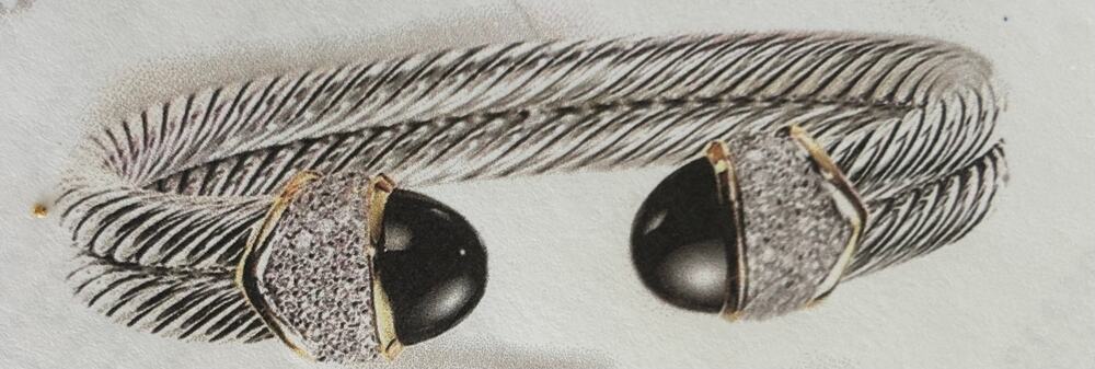 David Yurman 18K Gold Diamonds Black Onyx 10MM Double Cable Cuff Bracelet